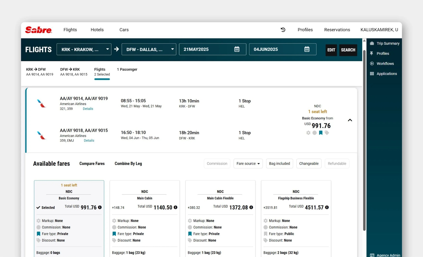 Flight booking interface